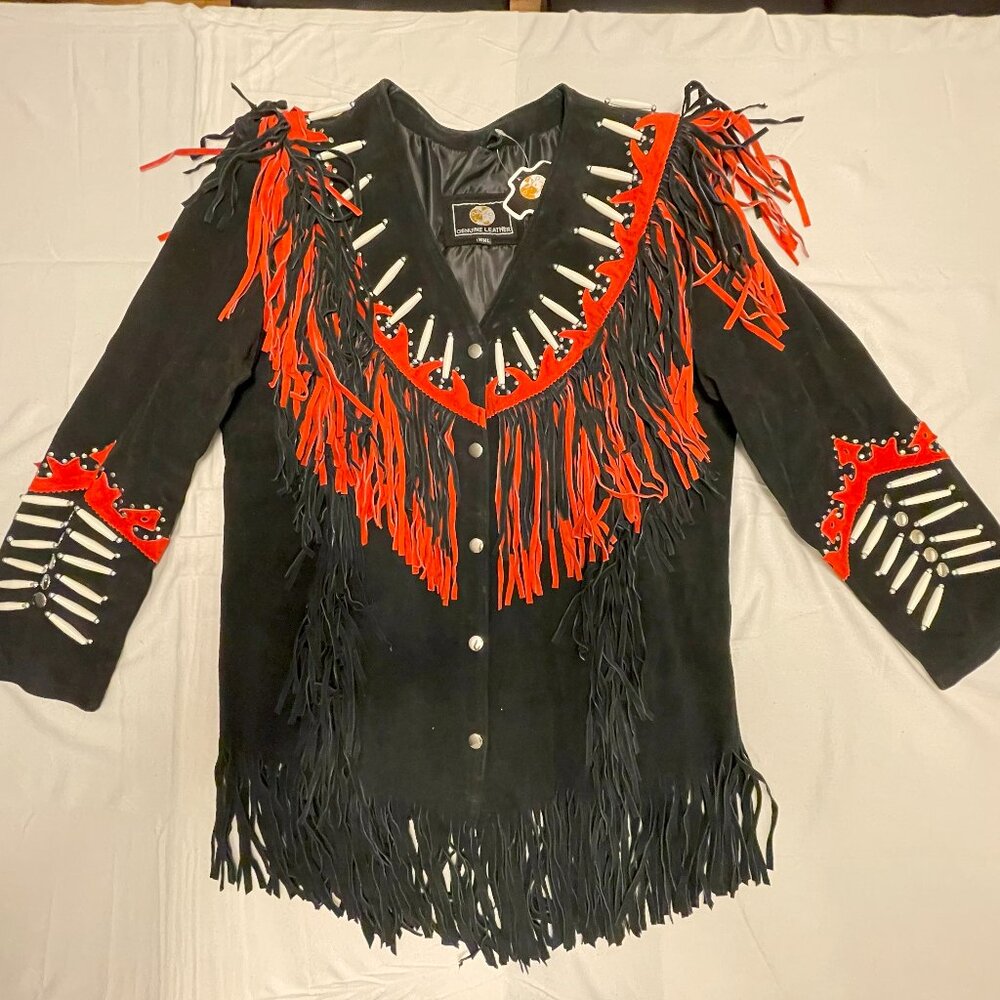 New - 42" Bust Women's Black & Red Suede Leather Fringes Beaded Jacket
